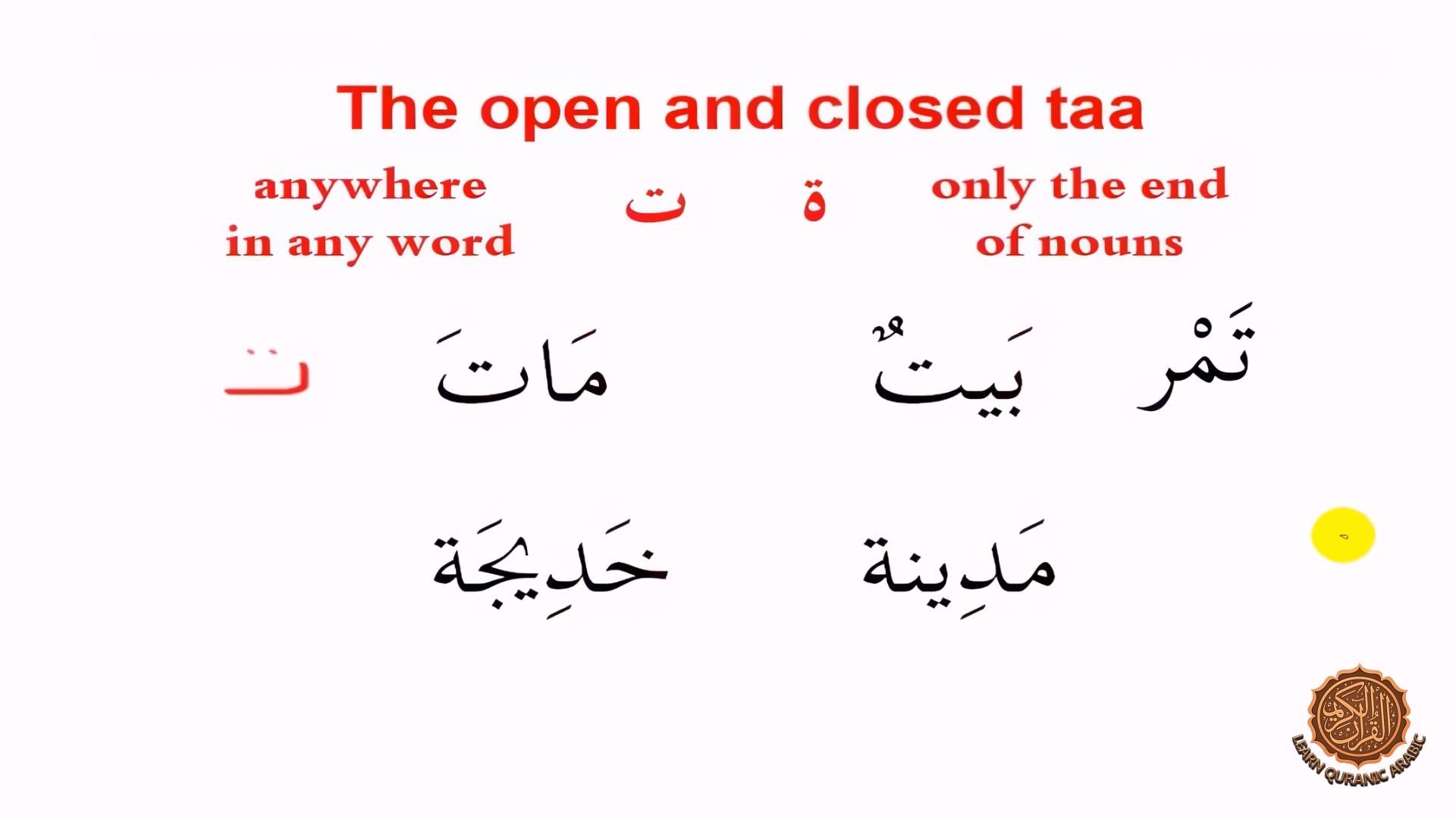 Illustration of Arabic letters 'ت' with examples of usage on a white background.