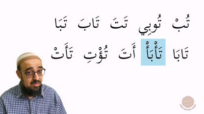 Man wearing a kufiyya with Arabic text on a white background