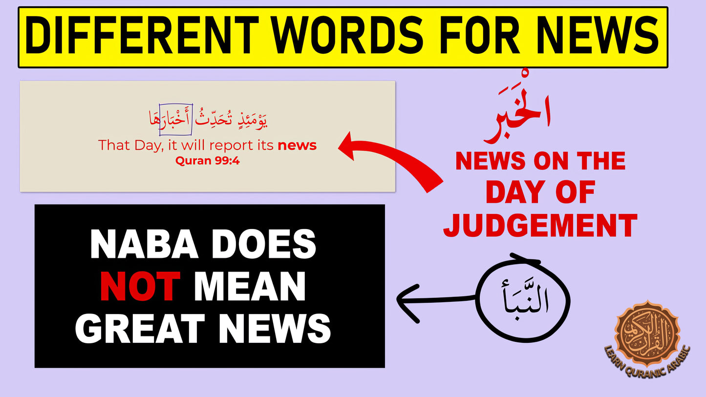 Educational graphic about different terms for 'news' in Arabic, with text and arrows pointing to various phrases.